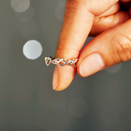 Beating As One Infinity Heart Knot Ring - Sterling Silver Adjustable Ring - LV0224