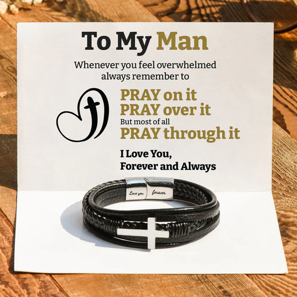 To My Man Pray Through It Leather Cross Bracelet - LV0064