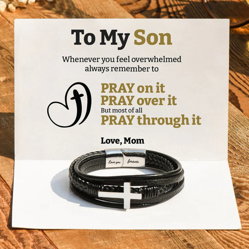 To My Son Pray Through It Leather Cross Bracelet - LV0064