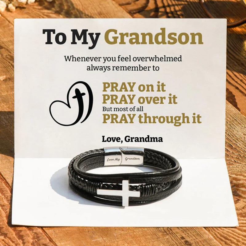 To My Grandson Pray Through It Leather Cross Bracelet - LV0064