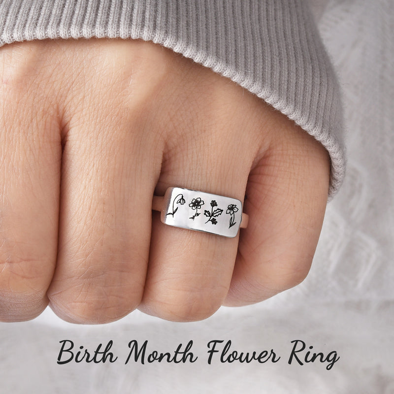 Personalized Birth Month Flower Ring - Custom Family Floral Ring - Birth Flower Jewelry - MBF001