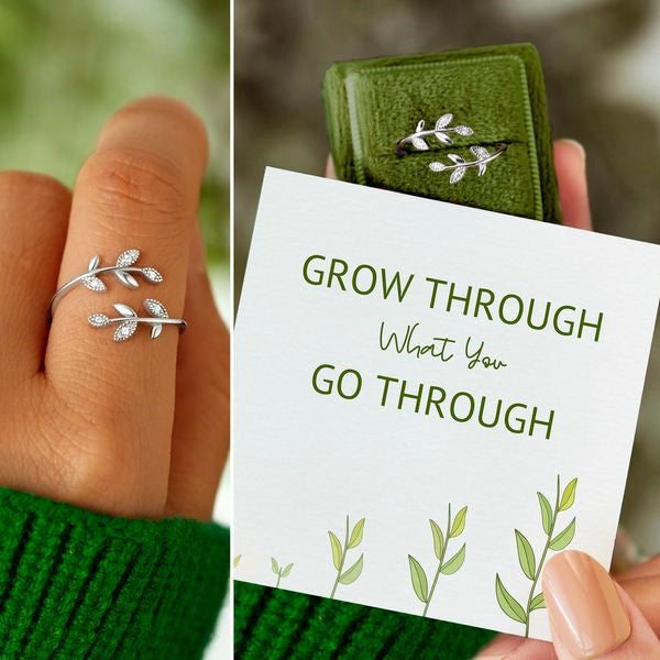 Grow Through What You Go Through Leaf Ring - Sterling Silver Adjustable Ring - LV0025