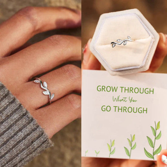 Grow Through What You Go Through Leaf Ring - Sterling Silver Adjustable Ring - LV0022