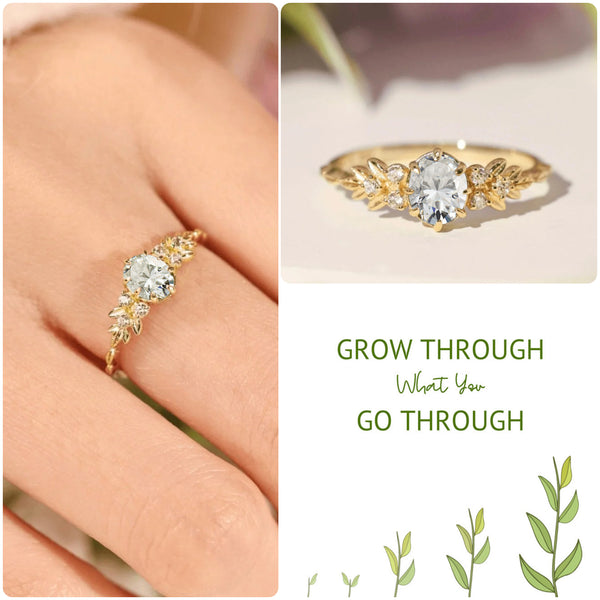 Grow Through What You Go Through Oval-Cut Diamond Leaf Ring - LV0358