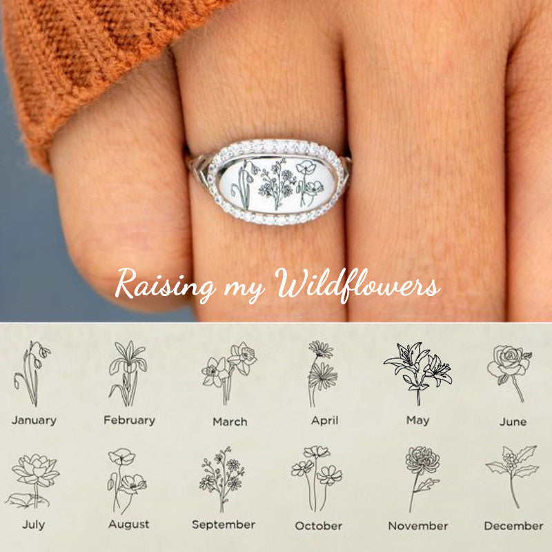 Personalized Birth Month Flowers Signature Ring - Custom Family Floral Signet Ring - LV0180