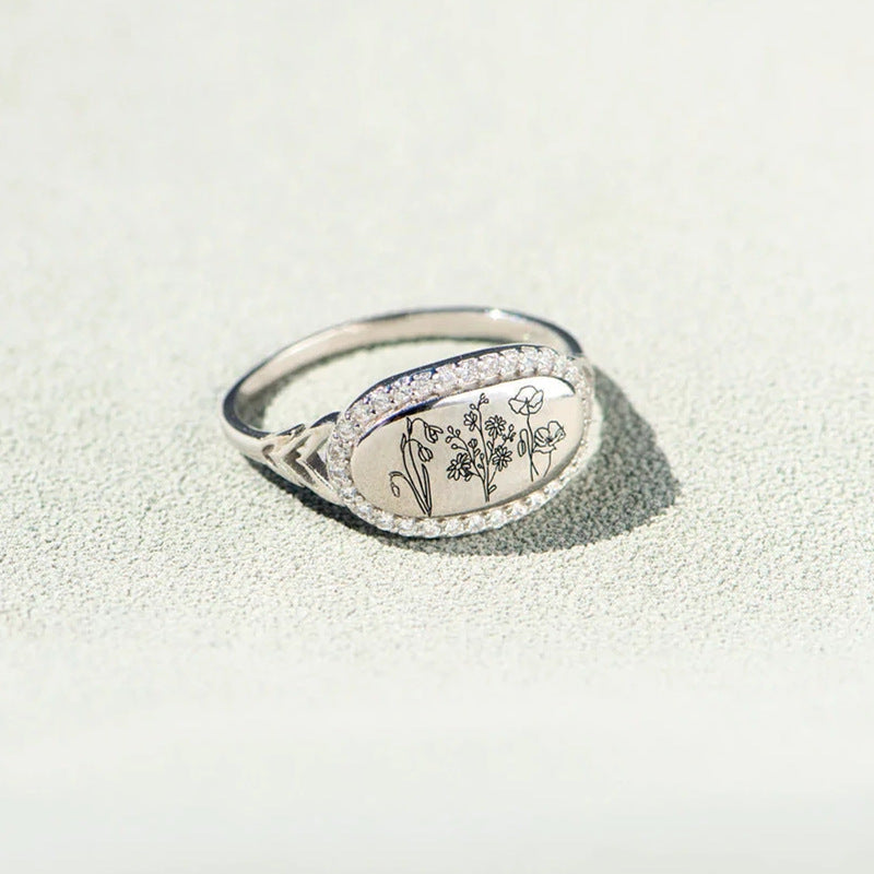 Personalized Birth Month Flowers Signature Ring - Custom Family Floral Signet Ring - LV0180