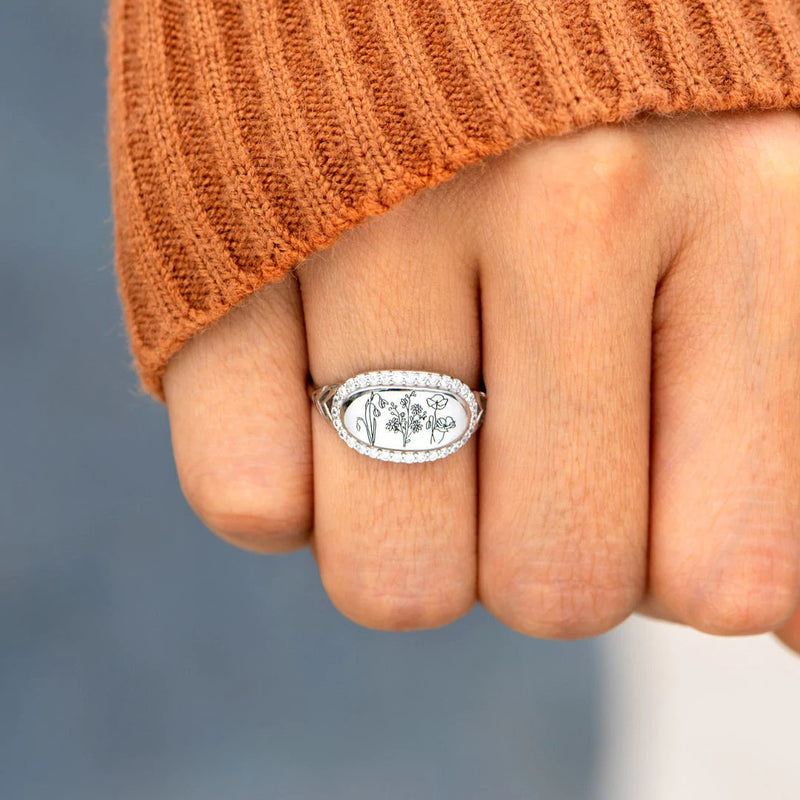 Personalized Birth Month Flowers Signature Ring - Custom Family Floral Signet Ring - LV0180