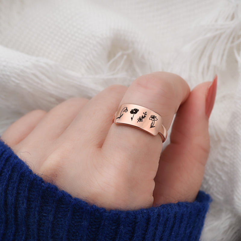 Personalized Birth Month Flower Ring - Custom Family Floral Ring - Birth Flower Jewelry - MBF001