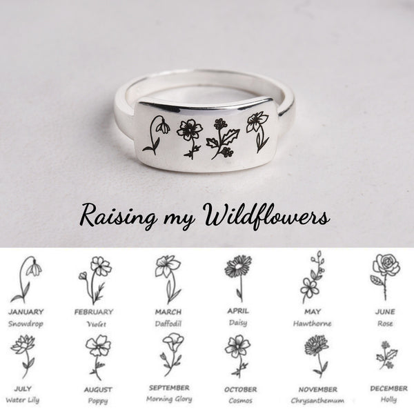 Personalized Birth Month Flower Ring - Custom Family Floral Ring - Birth Flower Jewelry - MBF001