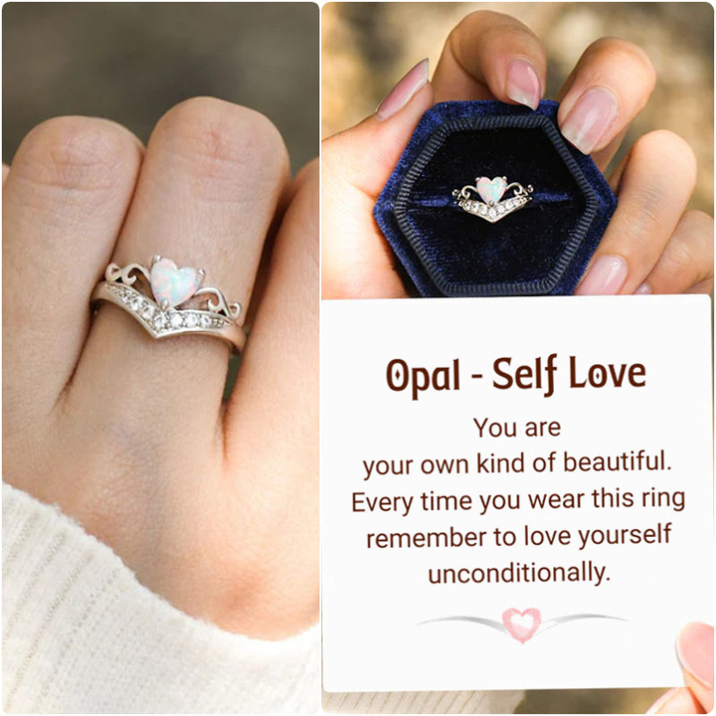 Sterling Silver Self Love Crown Heart Opal Ring - The Purest Love Between Mother And Daughter Opal Ring - LV0354