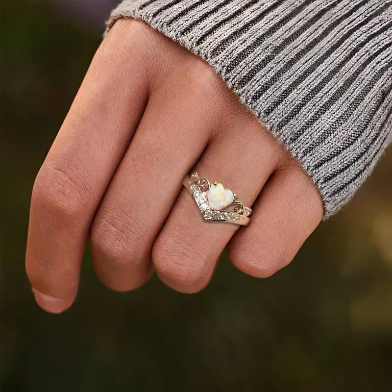 Sterling Silver Self Love Crown Heart Opal Ring - The Purest Love Between Mother And Daughter Opal Ring - LV0354