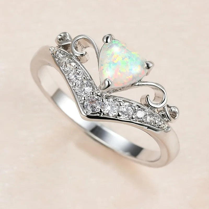 Sterling Silver Self Love Crown Heart Opal Ring - The Purest Love Between Mother And Daughter Opal Ring - LV0354