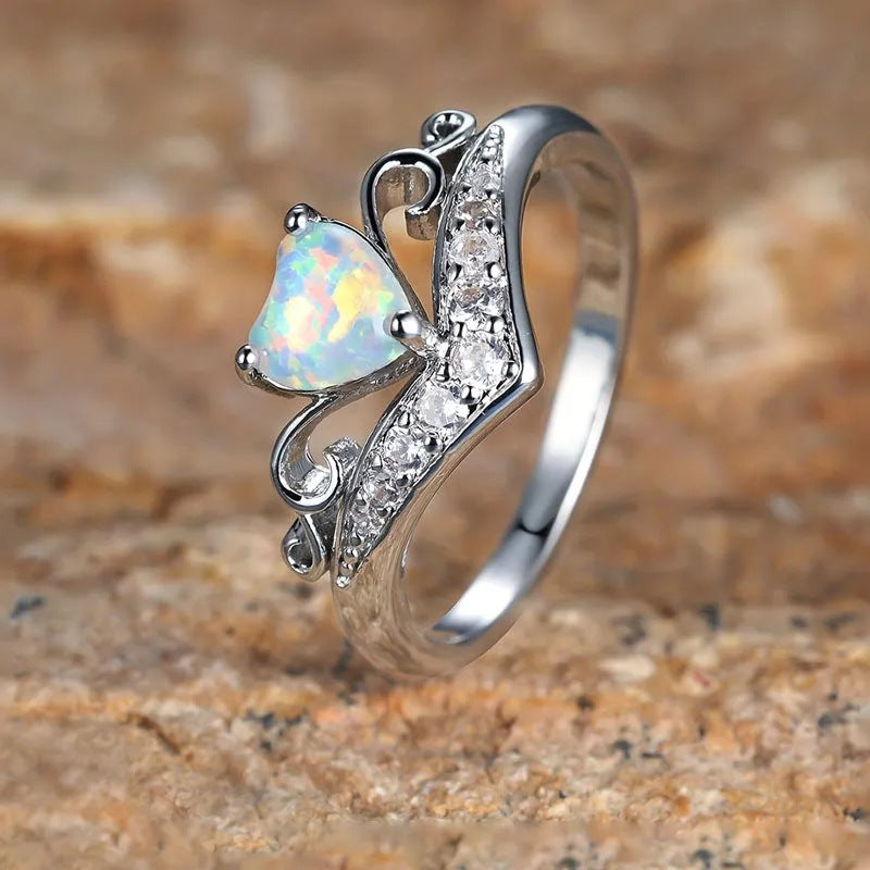 Sterling Silver Self Love Crown Heart Opal Ring - The Purest Love Between Mother And Daughter Opal Ring - LV0354