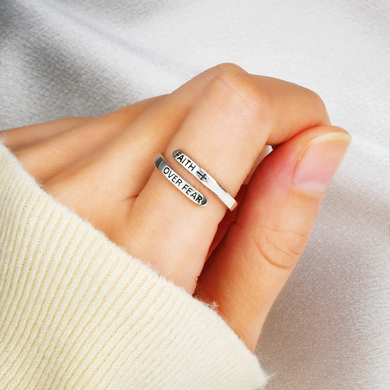 To My Daughter - Faith Over Fear Cross Ring - Sterling Silver Adjustable Ring - LV0201