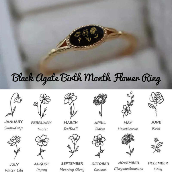 Personalized Birth Flower Ring - Black Onyx Ring - Birth Flower Jewelry - SBF001