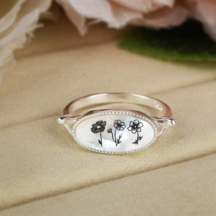 Personalized Birth Flower Ring - Mother Of Pearl Ring - Birth Flower Jewelry - SBF001