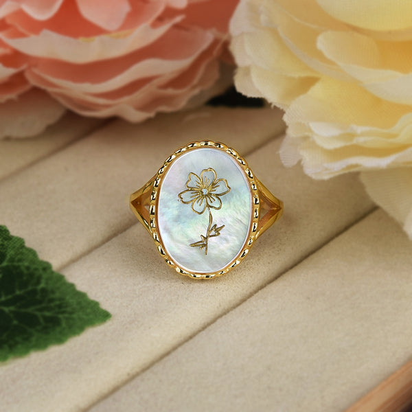 Personalized Birth Flower Ring - Mother Of Pearl Ring - Birth Flower Jewelry - SBF018