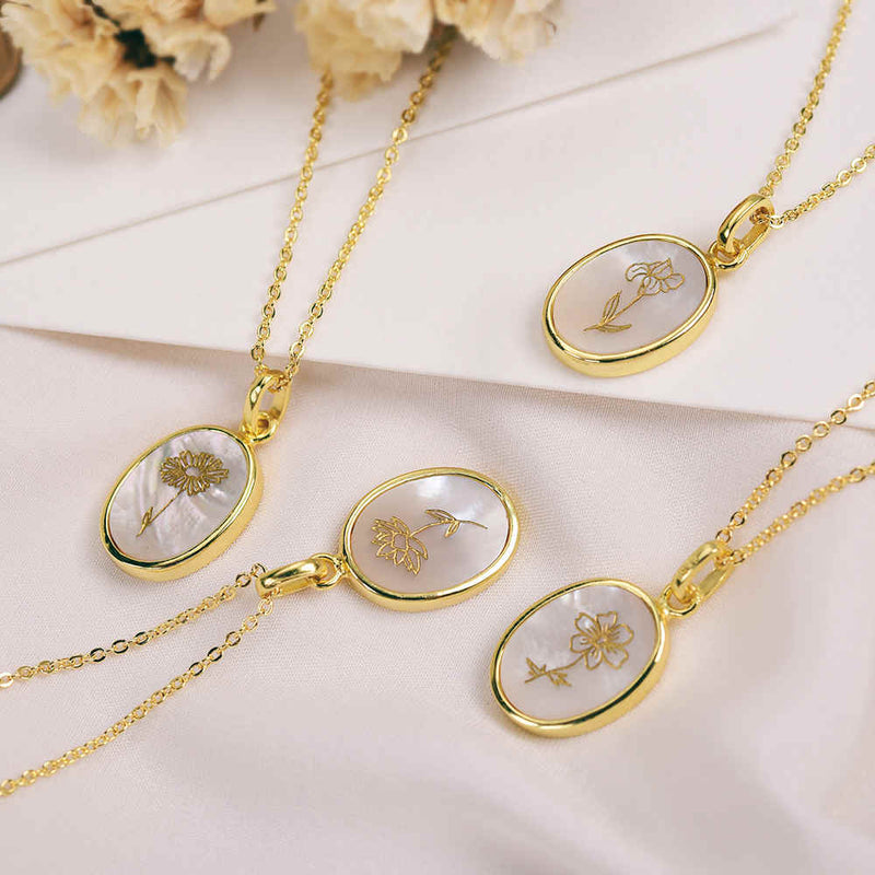 PERSONALIZED BIRTH MONTH FLOWER NECKLACE - MOTHER OF PEARL NECKLACE - SBF021-N