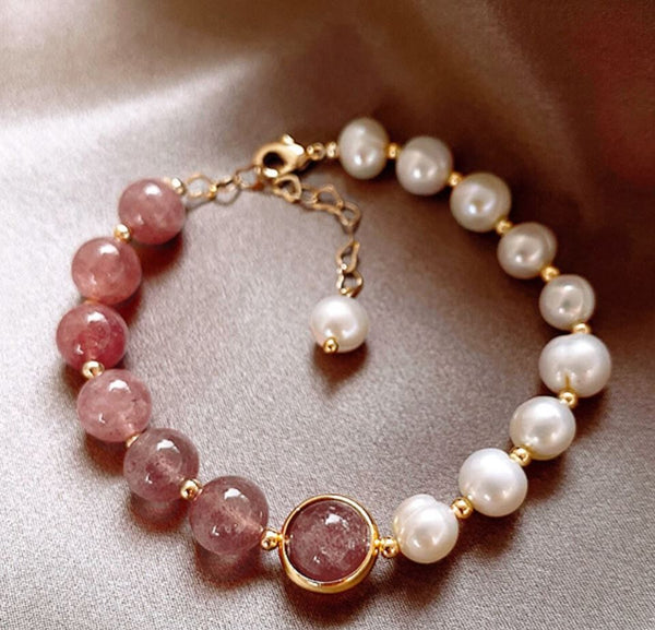 Strawberry Quartz Bracelet - Freshwater Pearl Bracelet - Gemstone Healing Bracelet - LB021