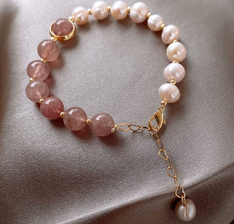 Strawberry Quartz Bracelet - Freshwater Pearl Bracelet - Gemstone Healing Bracelet - LB021