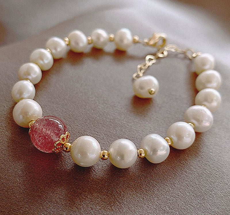 Strawberry Quartz Bracelet - Freshwater Pearl Bracelet - Gemstone Healing Bracelet - LB021