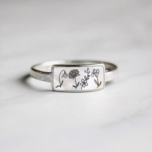 Personalized Birth Flower Ring - Mother Of Pearl Ring - Birth Flower Jewelry - SBF002